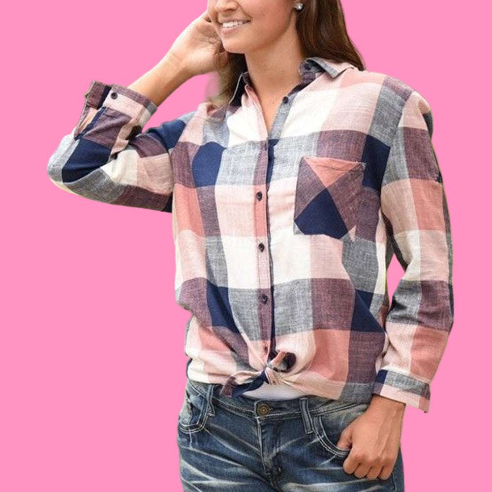 Color Long Sleeve Button Loose Plaid Shirt