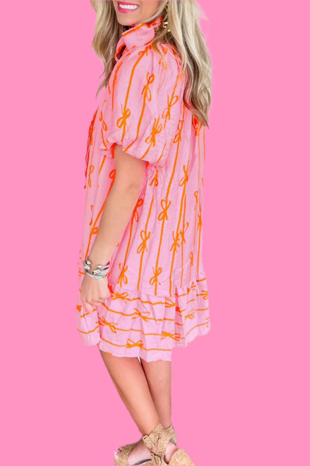 Pink Bowknot Striped Printed Bubble Sleeve Buttoned Belted Mini Dress