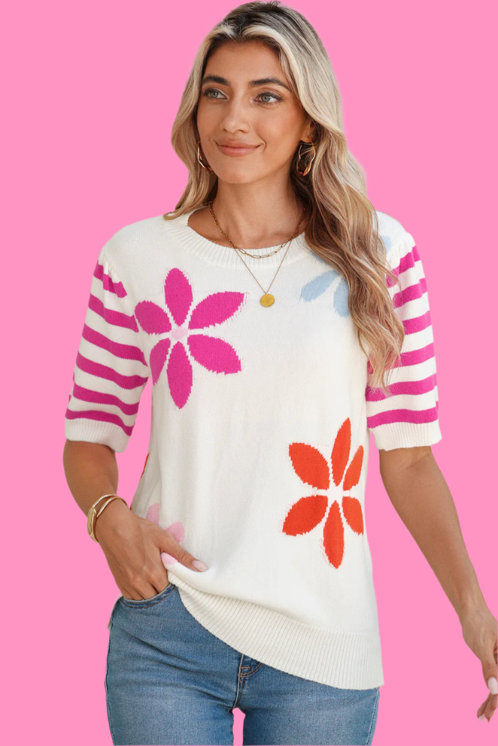 White Colorful Floral Print Striped Sleeve Knitted Tee