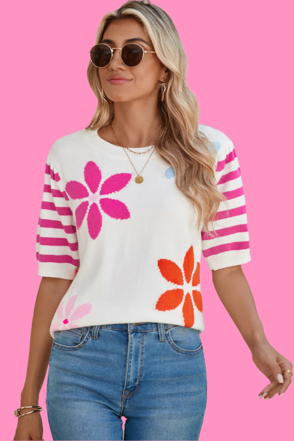 White Colorful Floral Print Striped Sleeve Knitted Tee