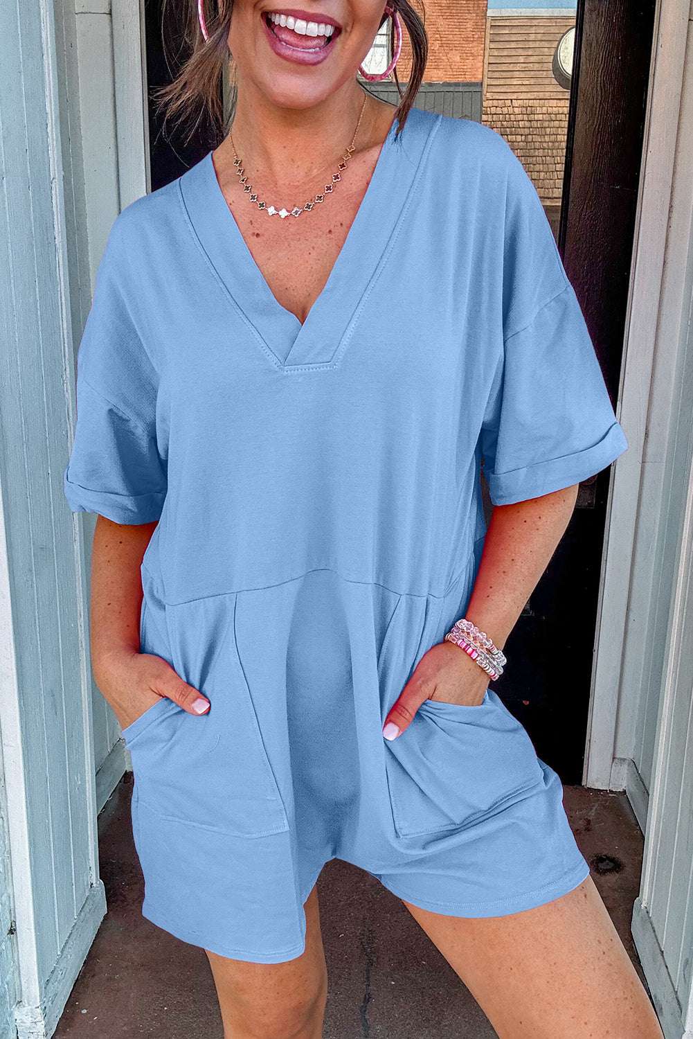 Loose Half Sleeve V Neck Romper