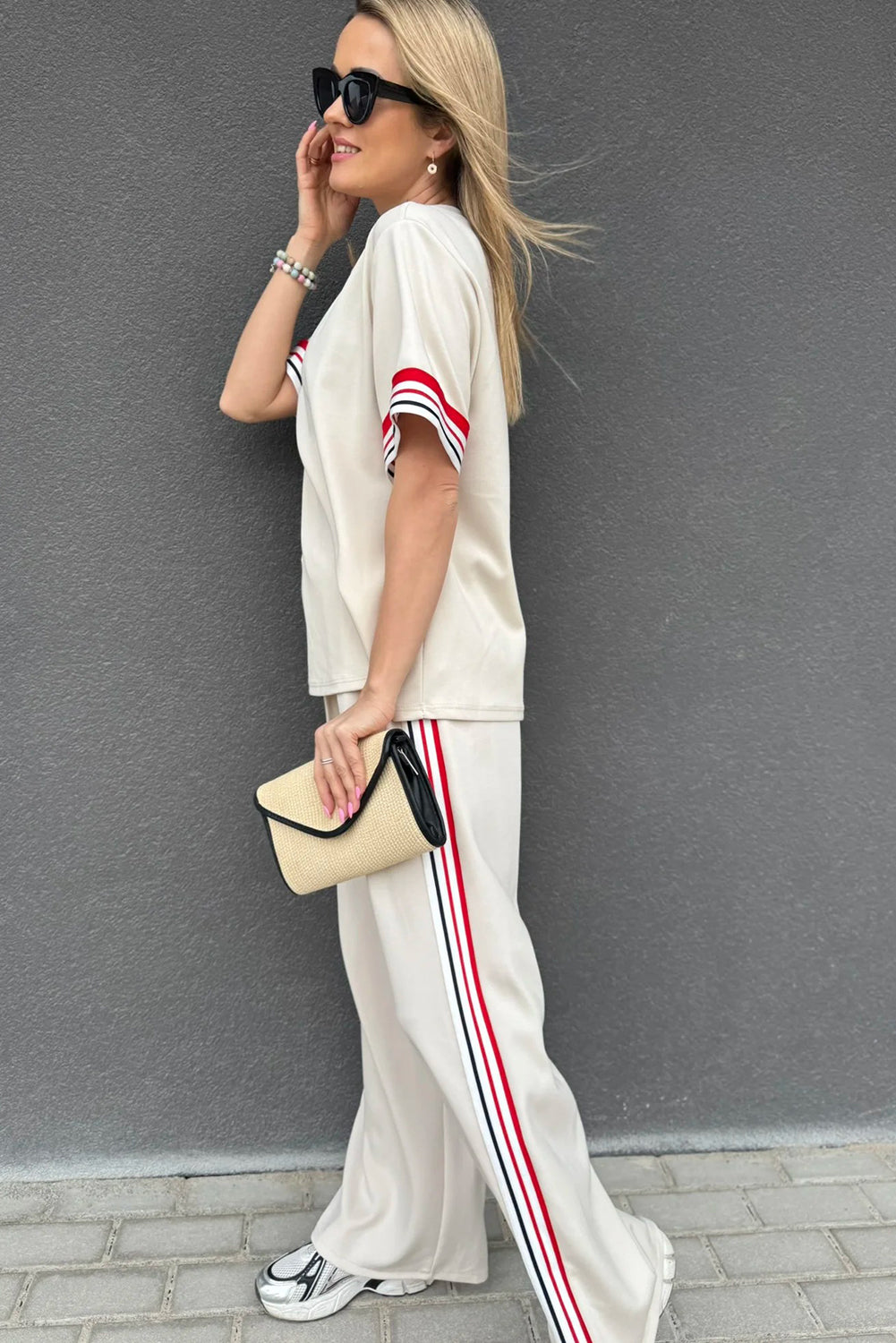 Striped Trim Crewneck T Shirt Loose Straight Pants Set