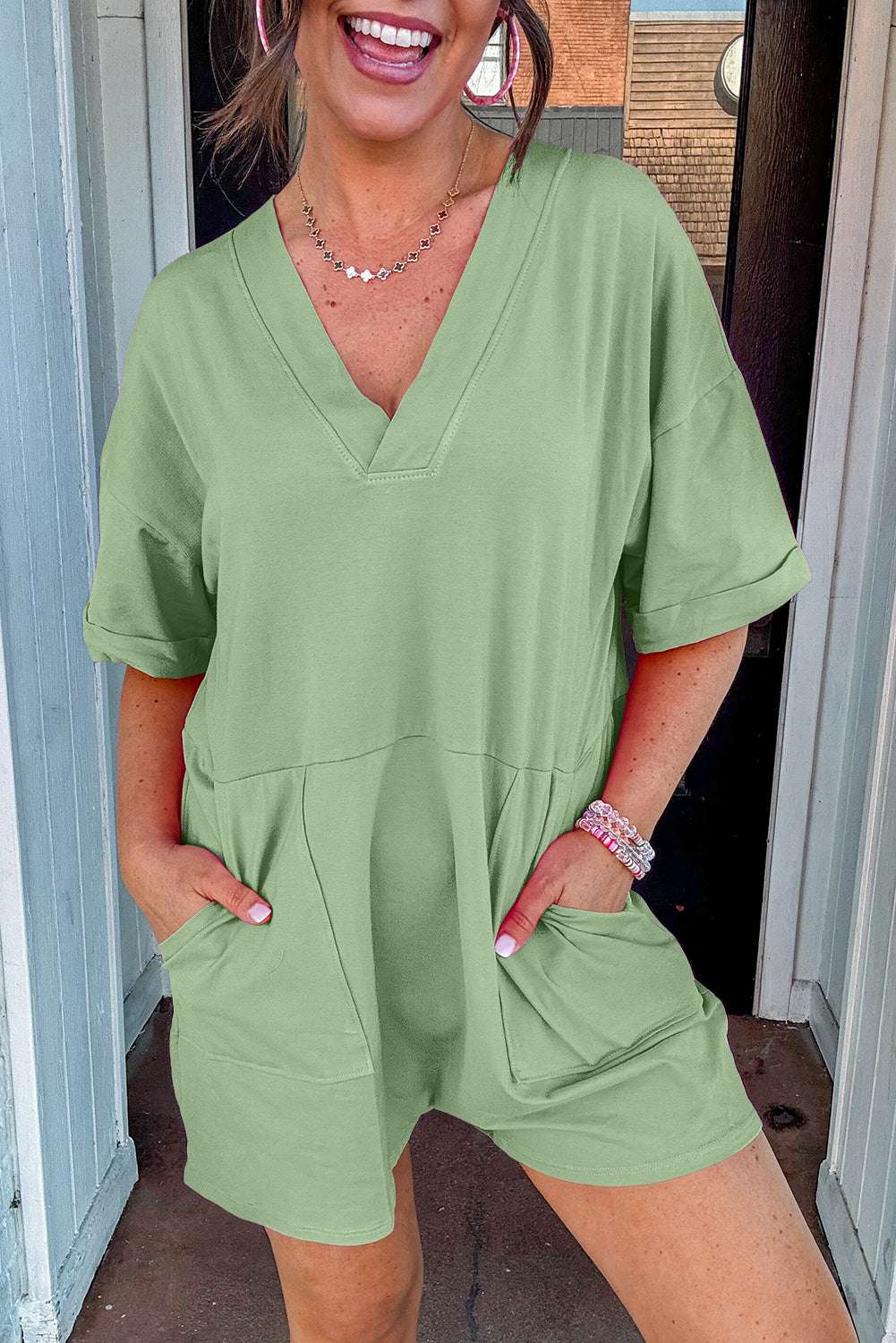Loose Half Sleeve V Neck Romper