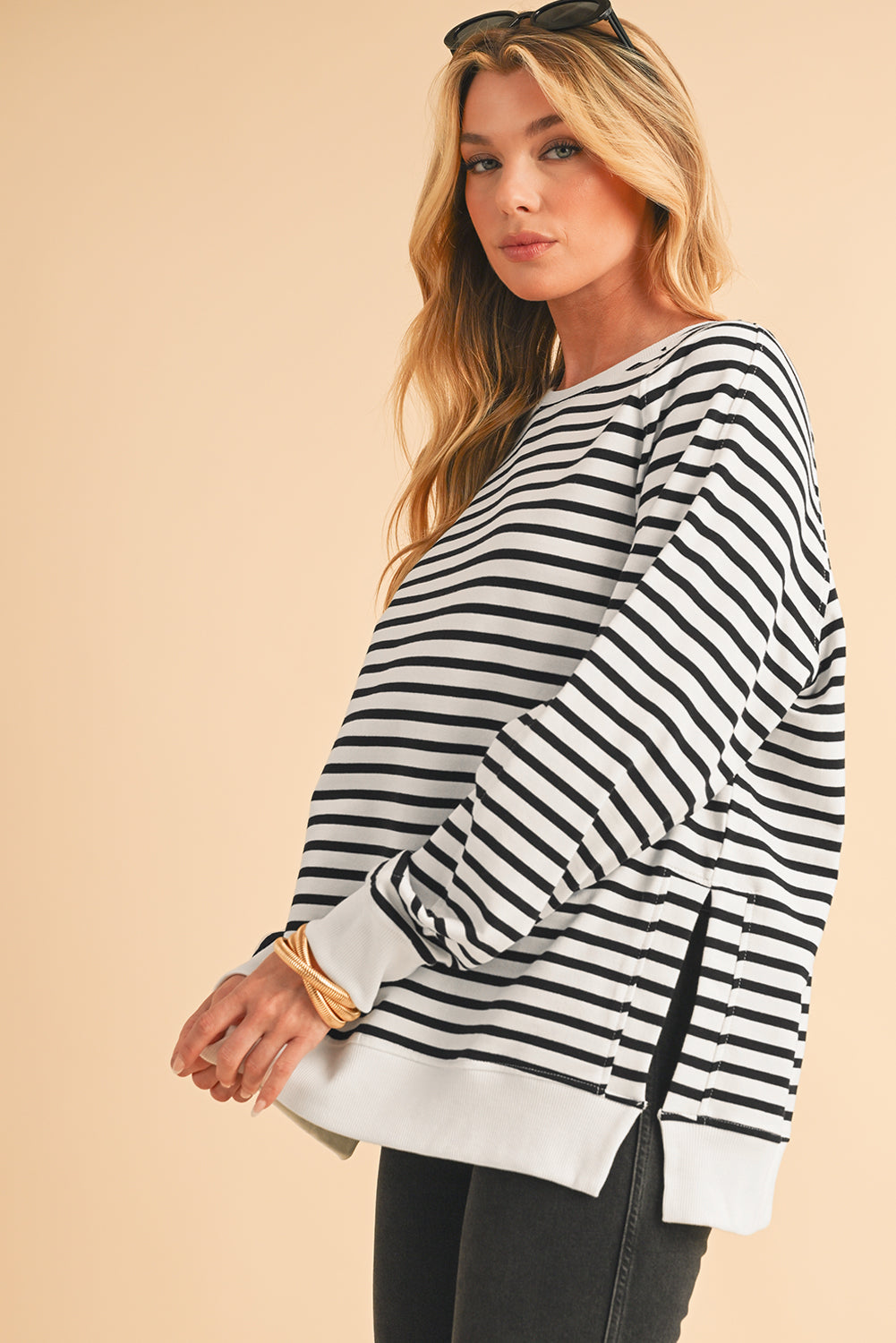 Black Stripe Loose Split Sweatshirt