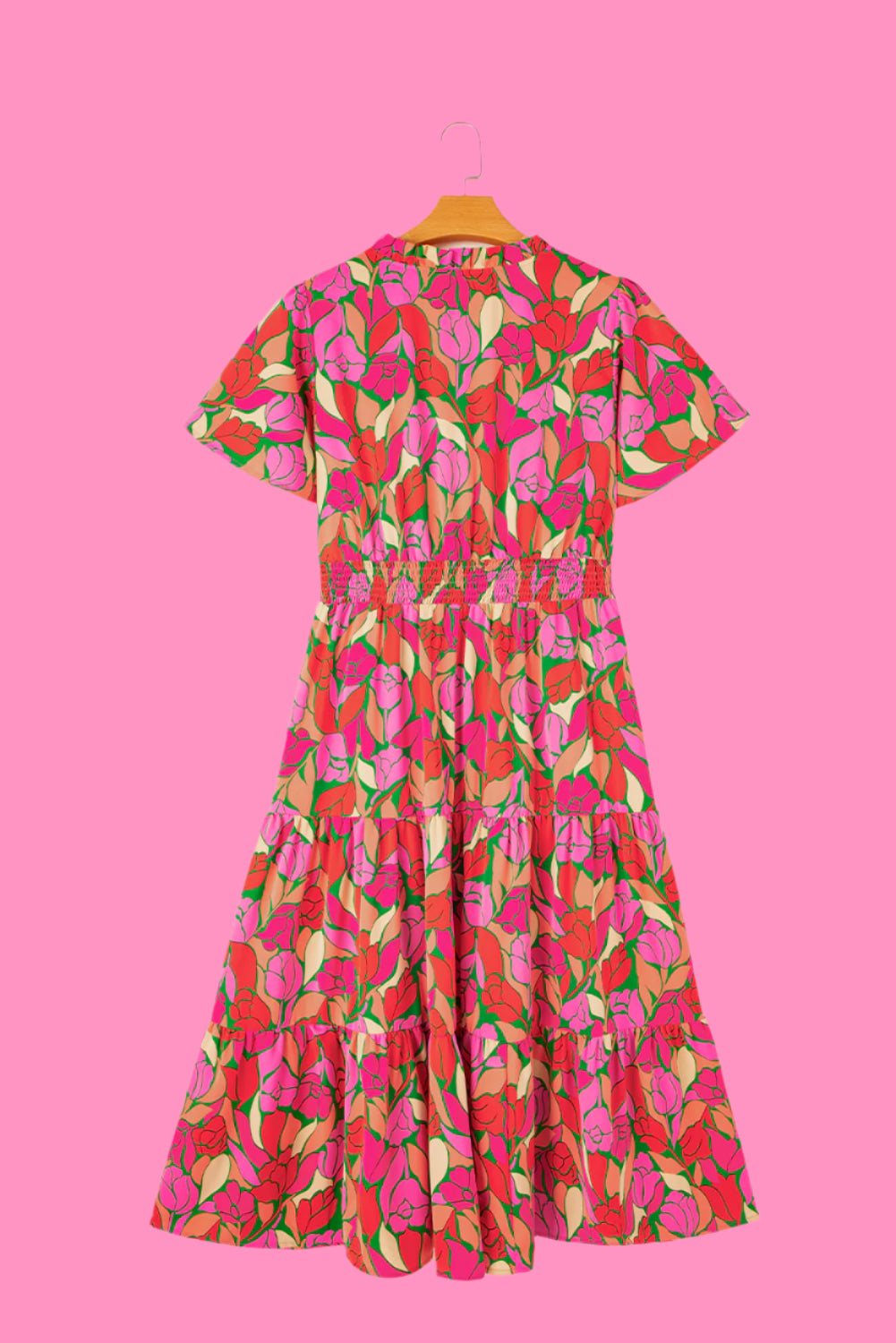 Rose Floral Flounce Sleeve Smocked Waist Tiered Maxi Dress