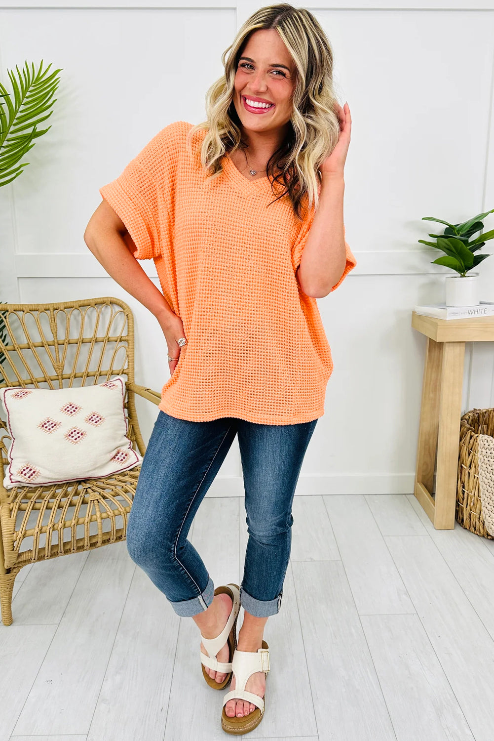 Wisteria Waffle V Neck Short Sleeve Knit Top