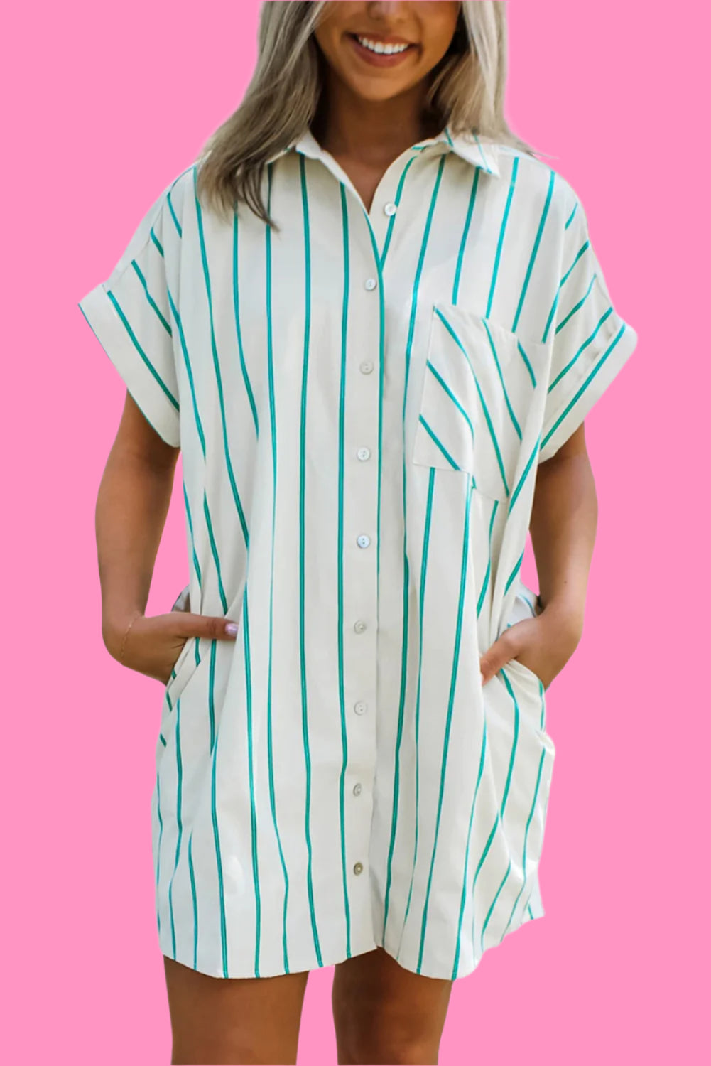 Mint Green Striped Pocket Short Sleeve Mini Dress