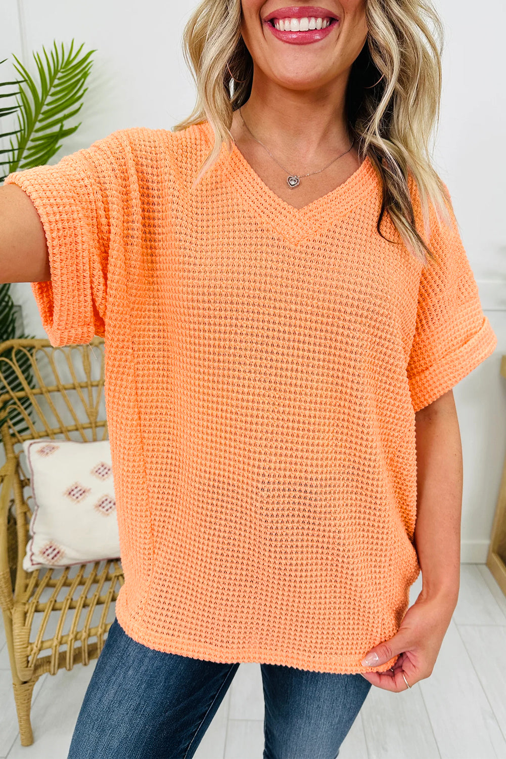 Wisteria Waffle V Neck Short Sleeve Knit Top