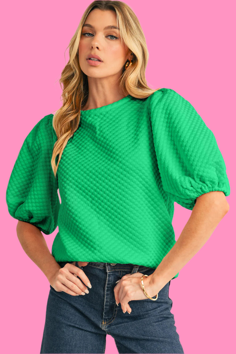 Sea Green Solid Textured O Neck Puff Sleeve Blouse