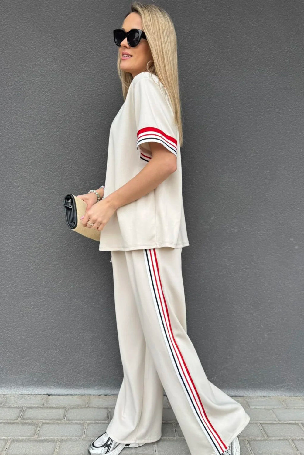 Striped Trim Crewneck T Shirt Loose Straight Pants Set