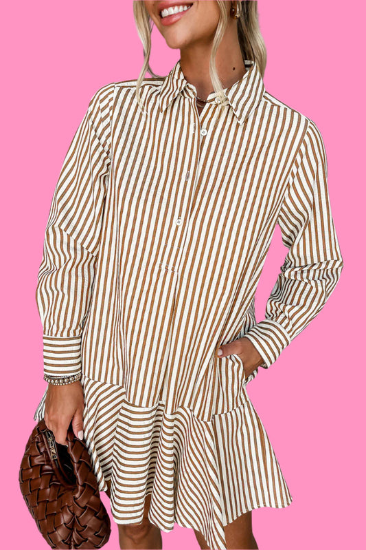 Brown Stripe Ruffle Hem Collared  Dress