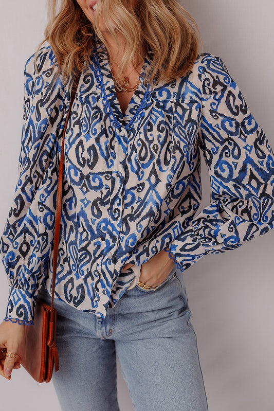 Blue Abstract Long Sleeve Blouse