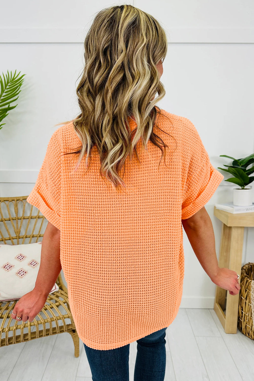 Wisteria Waffle V Neck Short Sleeve Knit Top