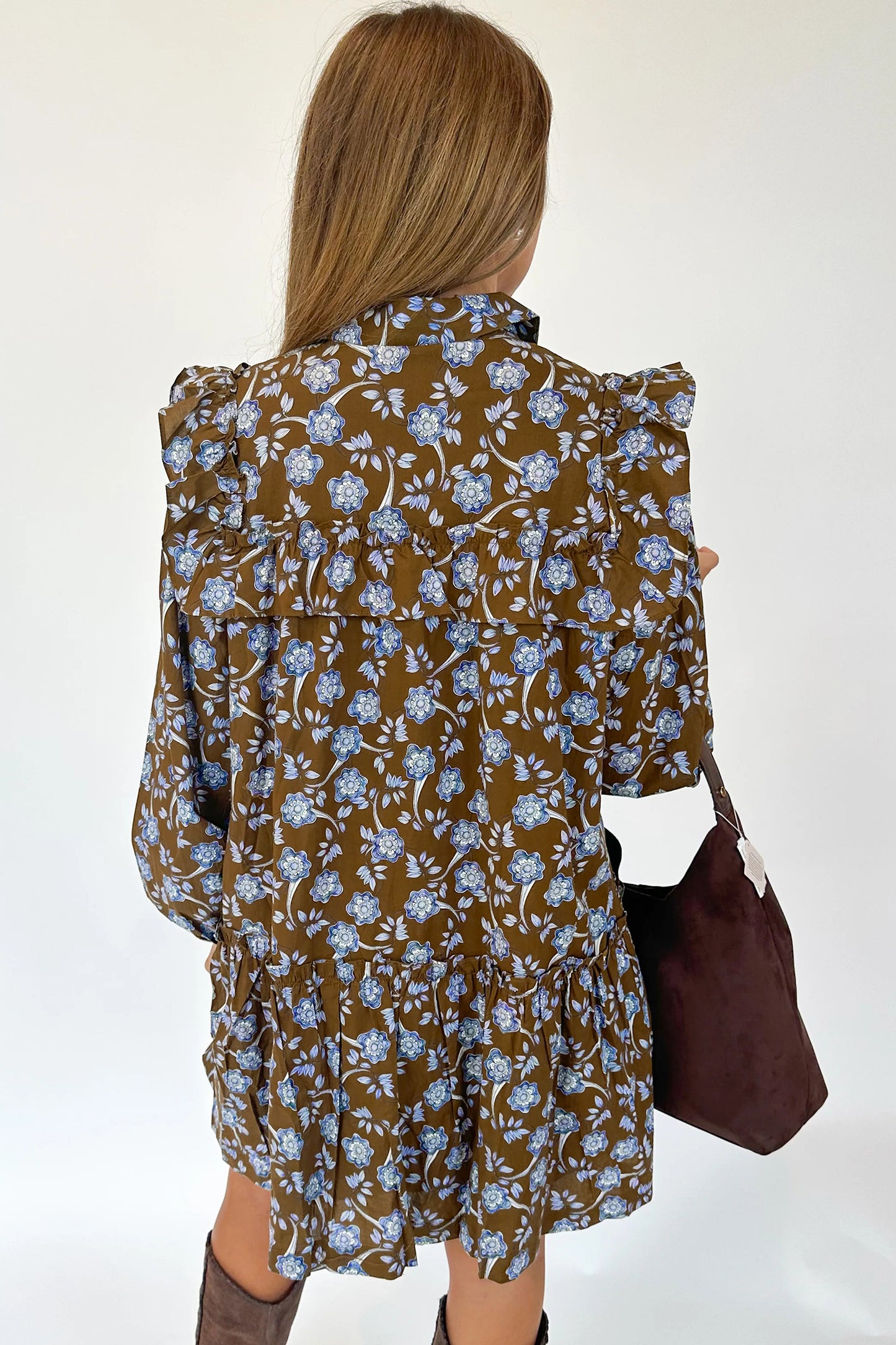 Brown Floral Print Ruffled Long Sleeve Dress