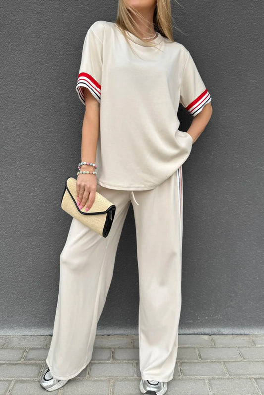 Striped Trim Crewneck T Shirt Loose Straight Pants Set