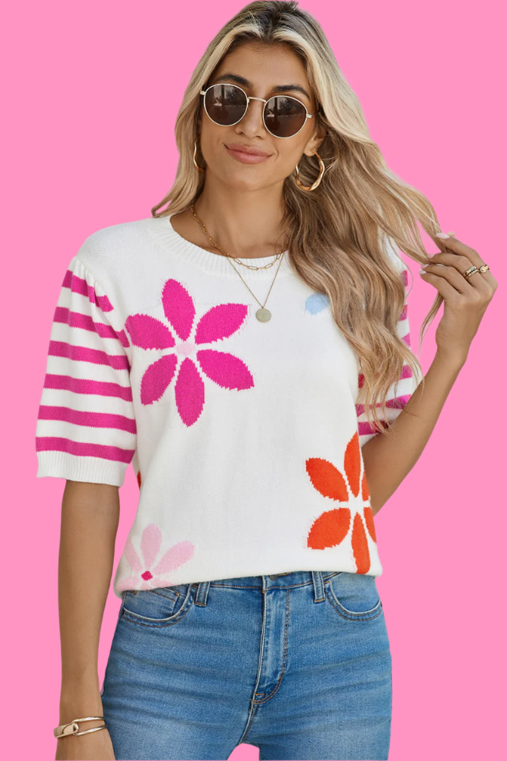 White Colorful Floral Print Striped Sleeve Knitted Tee