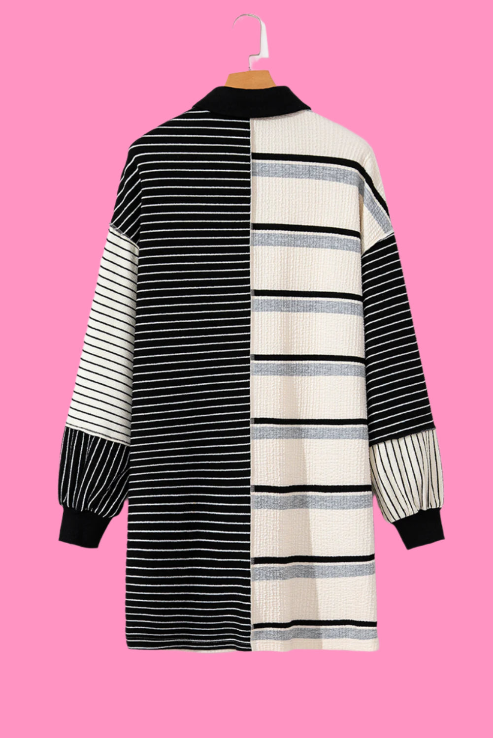 Black Stripe Colorblock Long Sleeve Collar Half Buttons Mini Dress