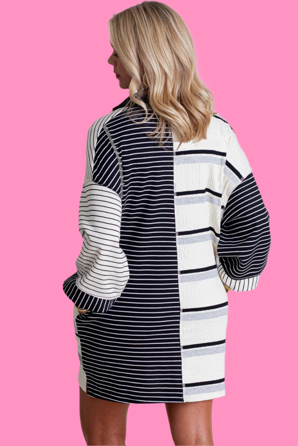 Black Stripe Colorblock Long Sleeve Collar Half Buttons Mini Dress