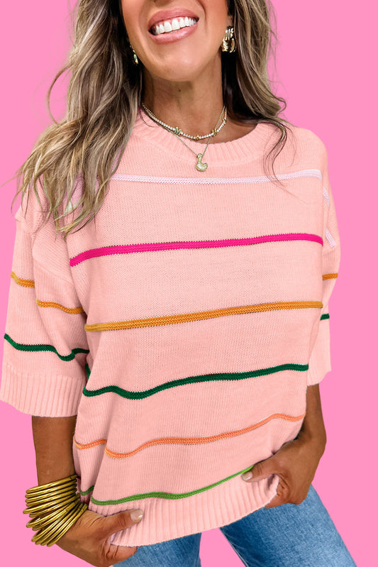 Striped Half Sleeve Drop Shoulder Sweater