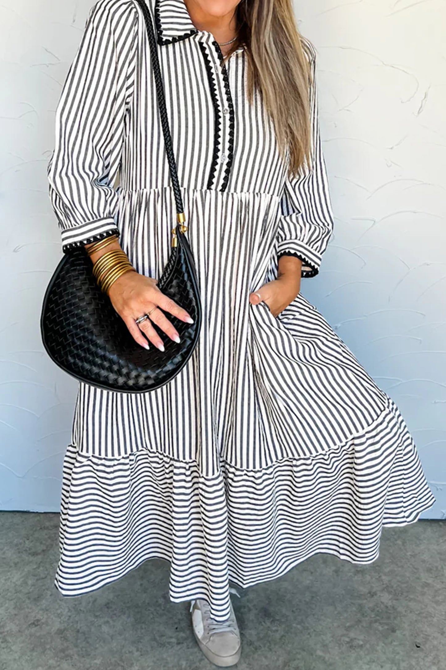 Black Stripe 3/4 Sleeve Long Dress