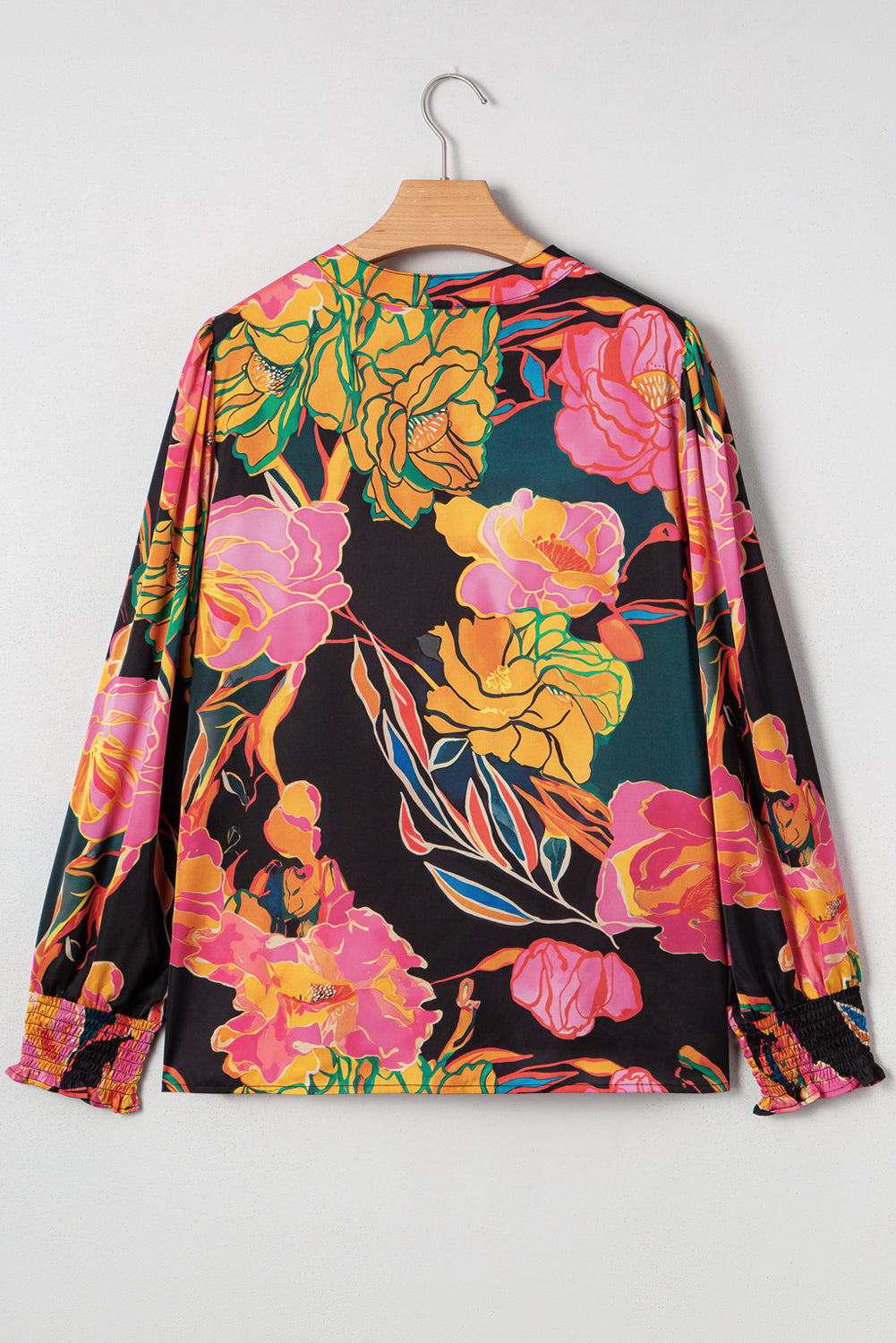 Black Floral Puff Sleeve V Neck Blouse