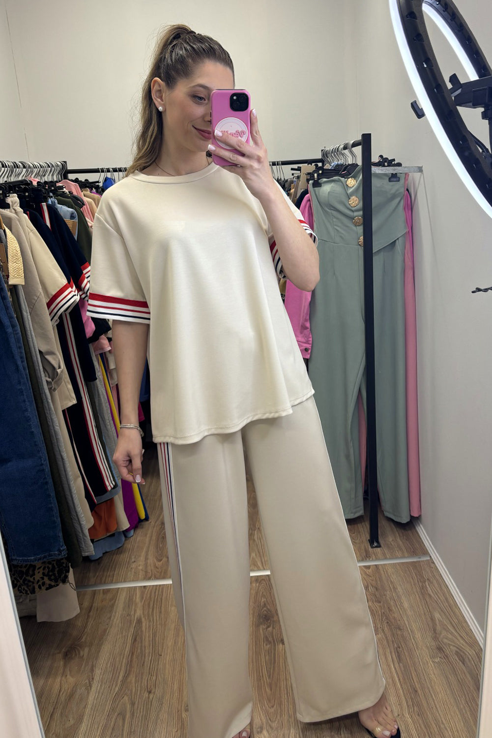 Striped Trim Crewneck T Shirt Loose Straight Pants Set