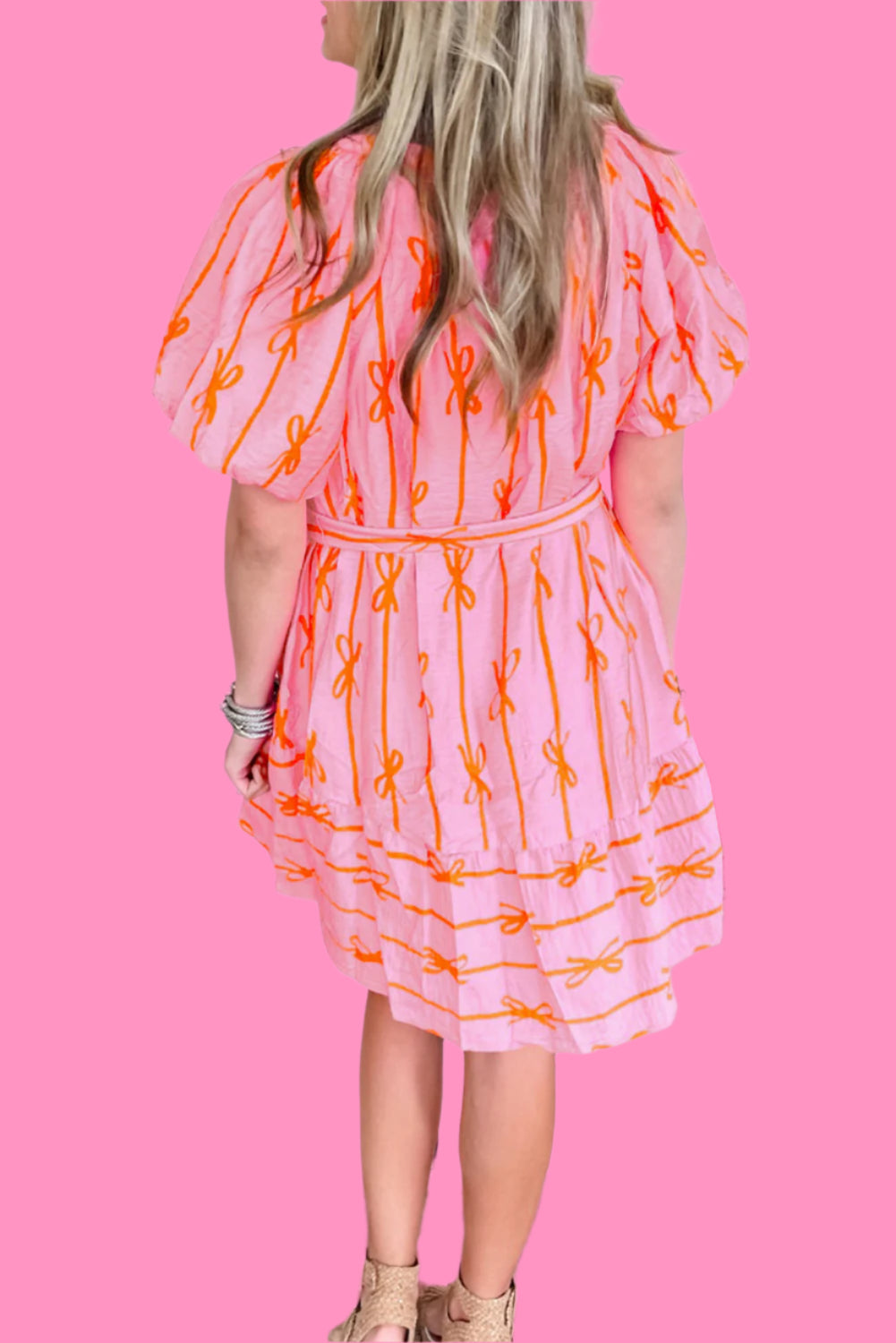 Pink Bowknot Striped Printed Bubble Sleeve Buttoned Belted Mini Dress