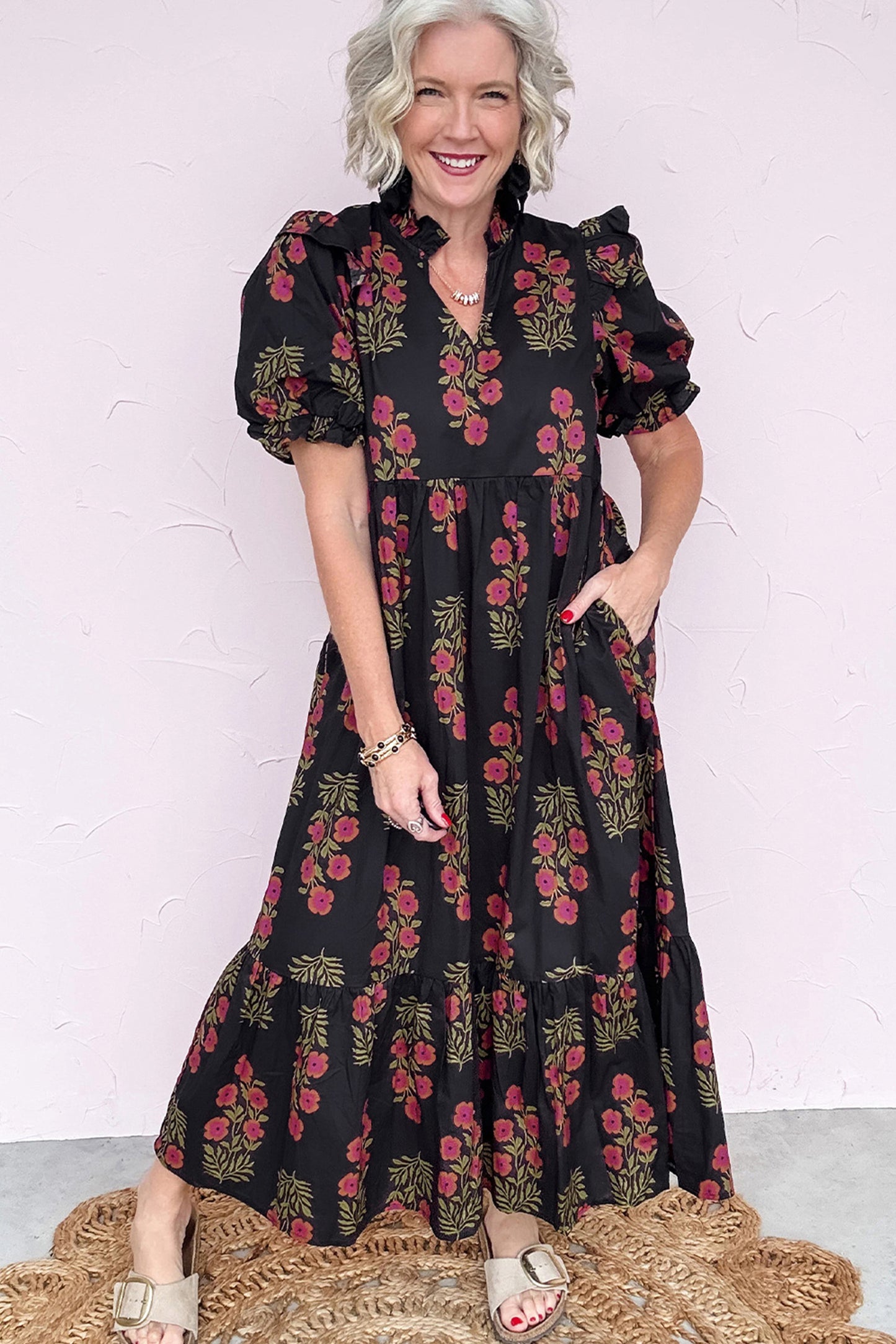 Black Floral Short Sleeve Maxi Dress