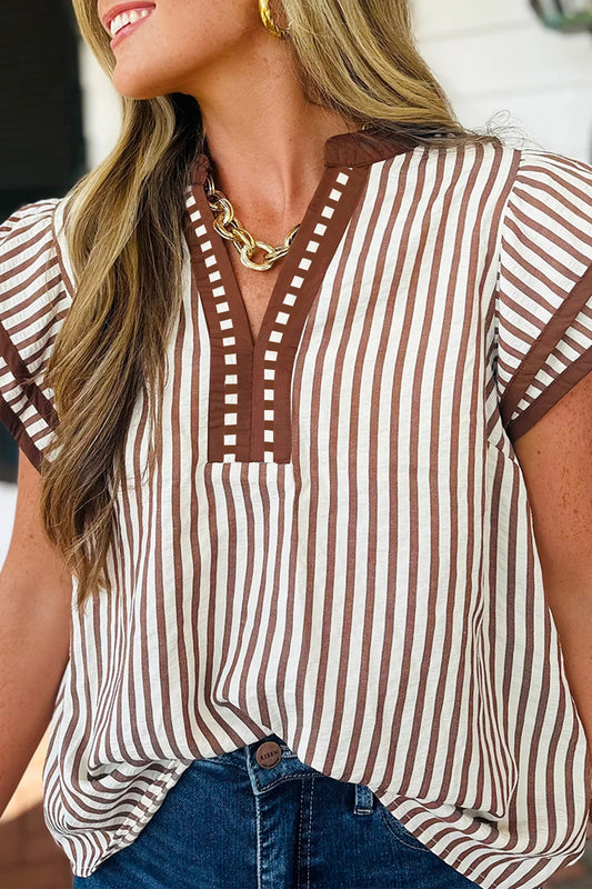 Khaki Stripe Double Ruffled Short Sleeve Blouse