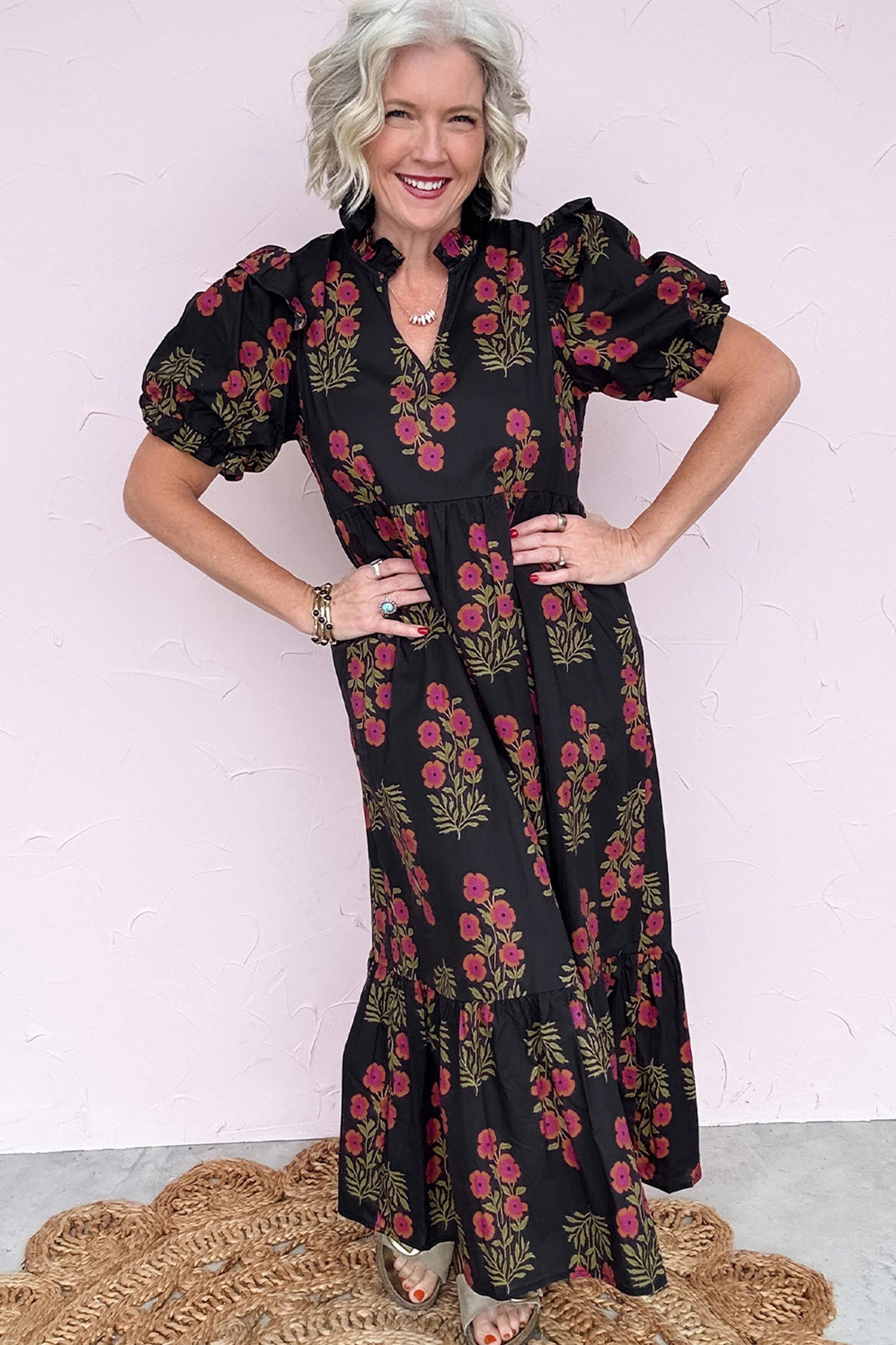 Black Floral Short Sleeve Maxi Dress