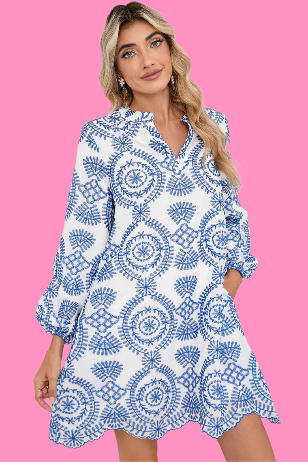 Blue Boho Floral Embroidered Notch V Neck Mini Dress