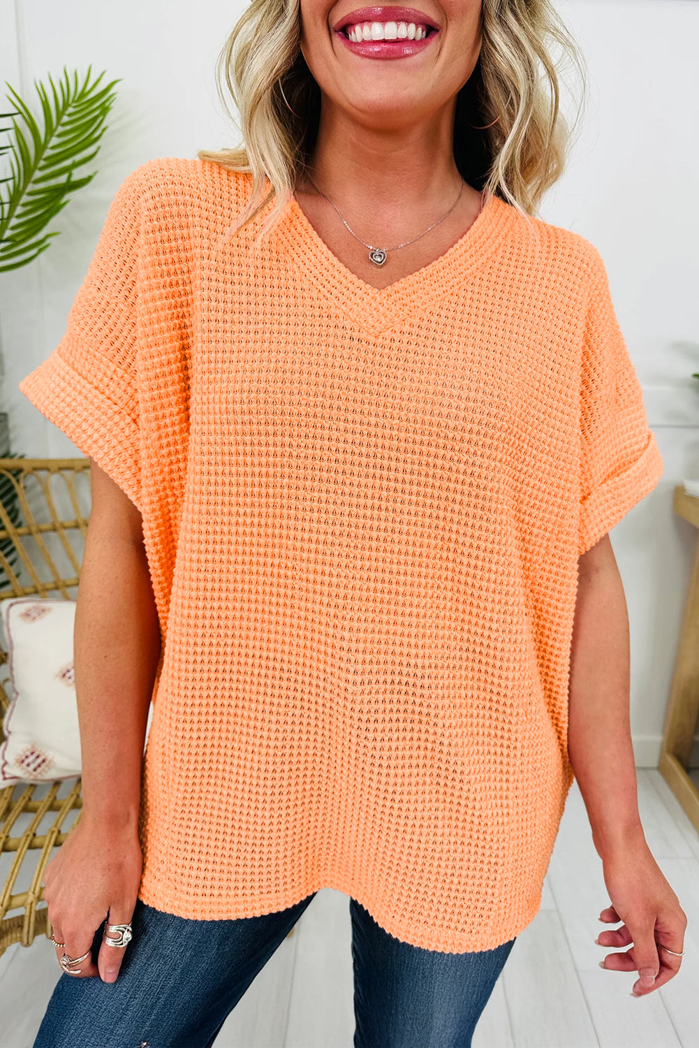 Wisteria Waffle V Neck Short Sleeve Knit Top