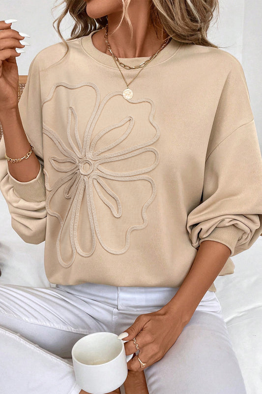 Embroidered Flower Pattern Drop Shoulder Sweatshirt