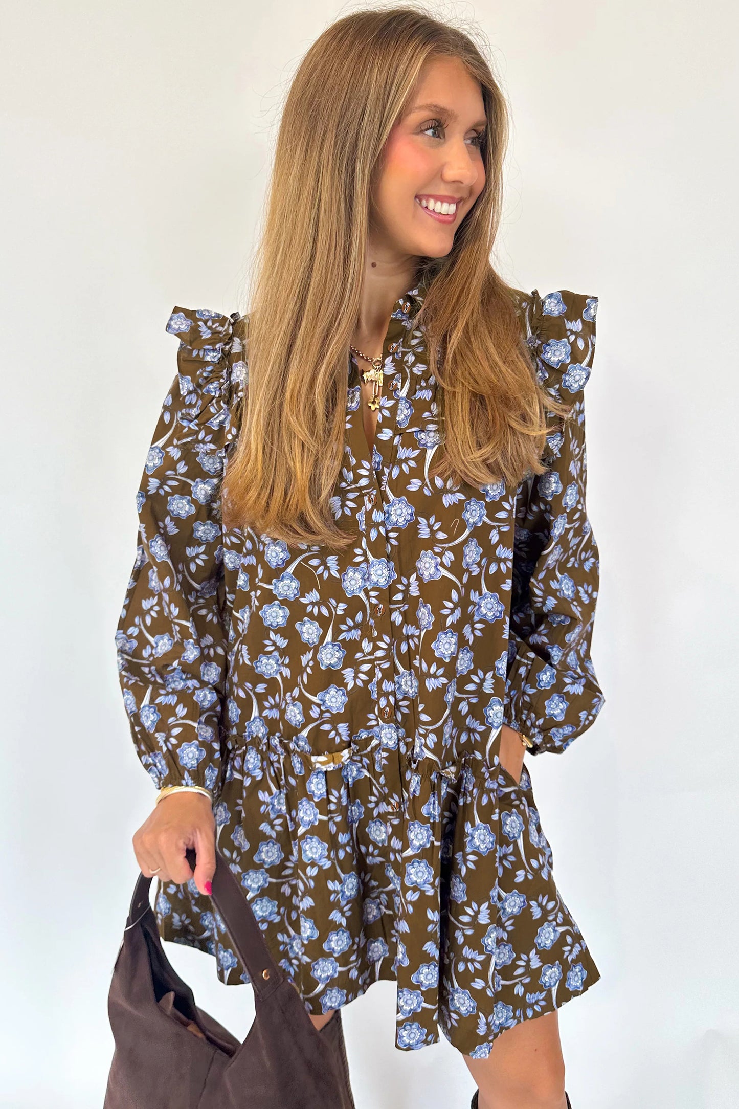 Brown Floral Print Ruffled Long Sleeve Dress