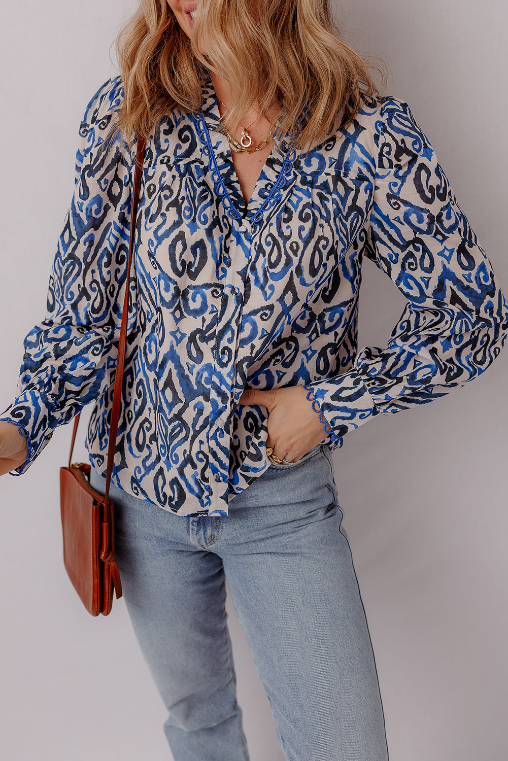 Blue Abstract Long Sleeve Blouse