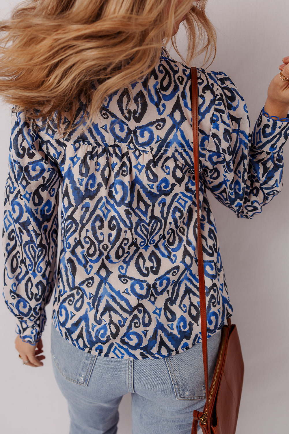 Blue Abstract Long Sleeve Blouse