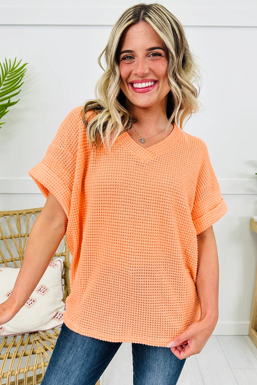 Wisteria Waffle V Neck Short Sleeve Knit Top