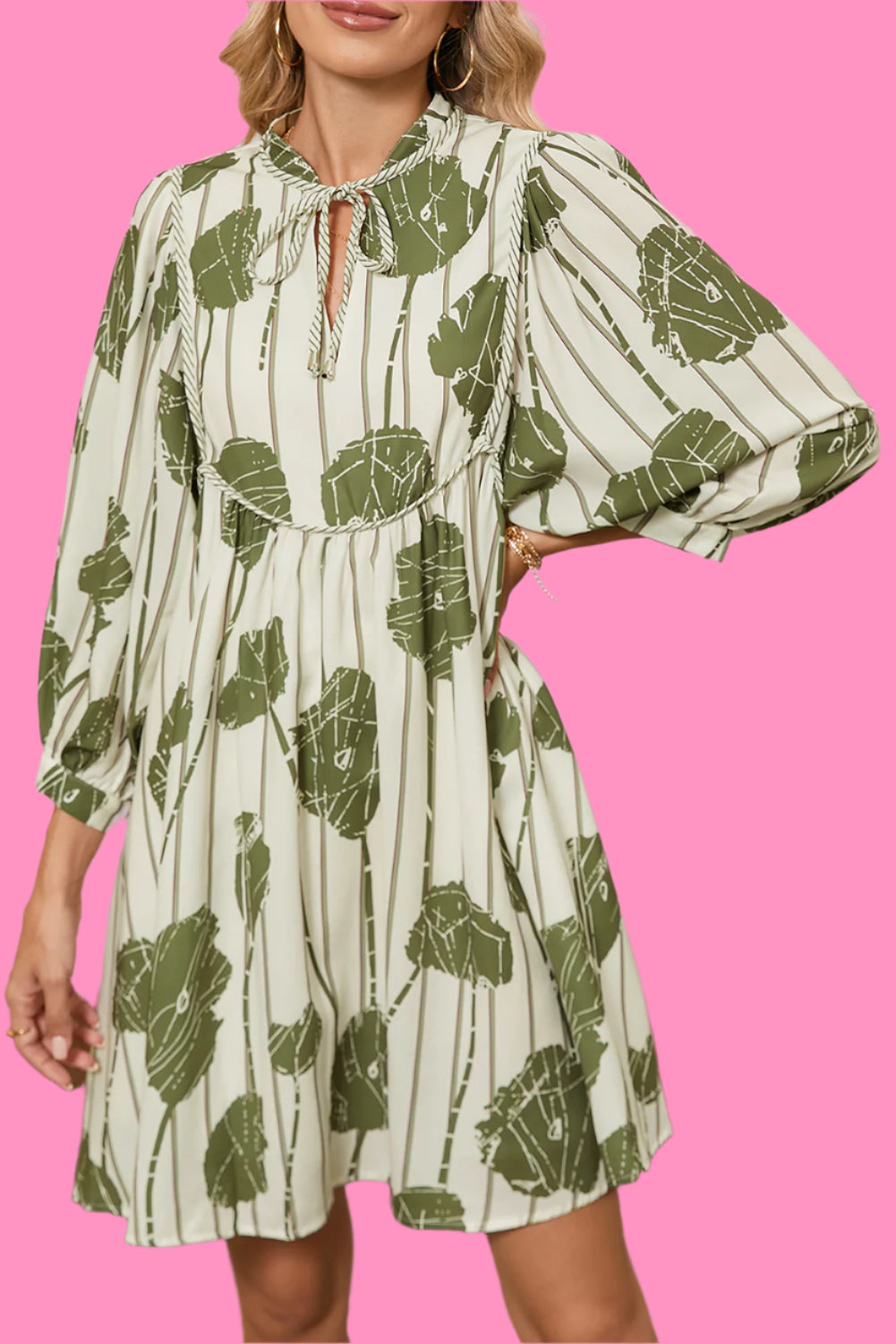 Guacamole Green Abstract Print Striped V-Neck Mini Dress