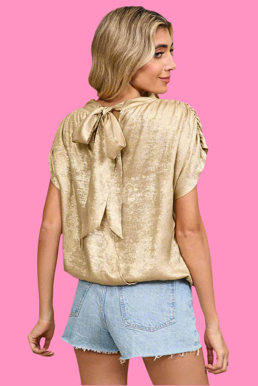 Gold Knot Back Casual Ruched Sleeve Blouse