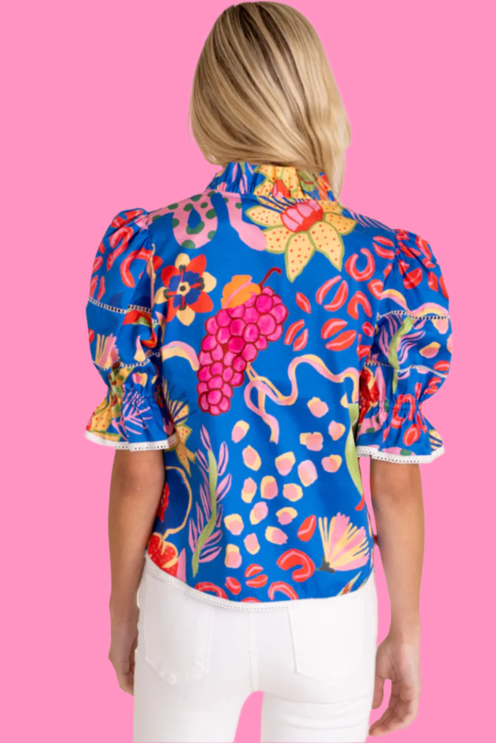 Blue Frill V-neck Abstract Print Blouse