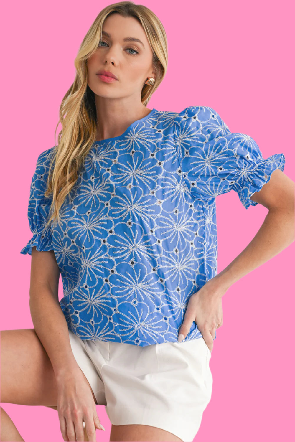 Sky Blue Boho Floral Eyelet Puff Sleeve Blouse